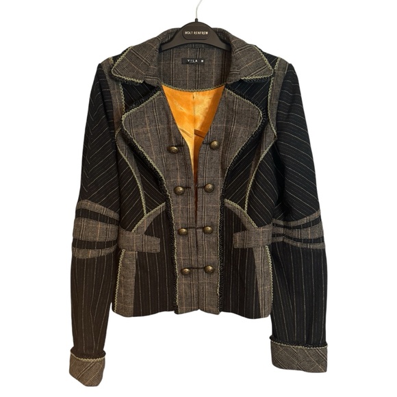 VILA Jackets & Blazers - VILA Y2K Academia Tweed Patchwork Blazer Sz M Black Brown Retro 90s Preppy Fairy